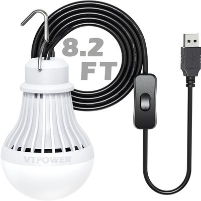 VTpower USB LED Light Bulb Camping Latern Outdoor Light with Simple Switch, Portable LED Bulb 5V 5W for Garage Warehouse Car Truck Fishing Boat Outdoor Emergency Light White Lamp 2.5m/8.2ft