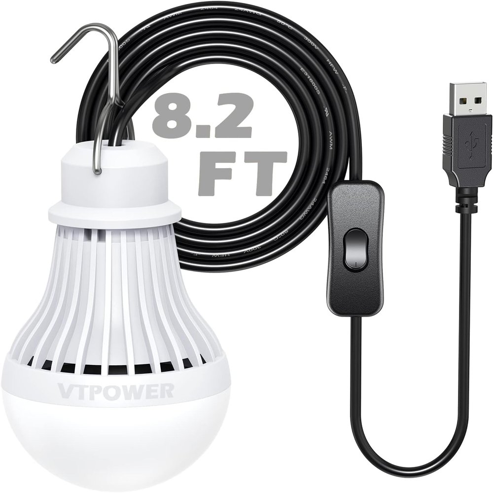 VTpower USB LED Light Bulb Camping Latern Outdoor Light with Simple Switch, Portable LED Bulb 5V 5W for Garage Warehouse Car Truck Fishing Boat Outdoor Emergency Light White Lamp 2.5m/8.2ft