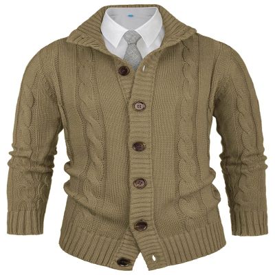 Aimeilgot Mens Fashion Casual Slim Fit Button Down Cable Knitted Stand Collar Cardigan Sweater(Khaki,Small)