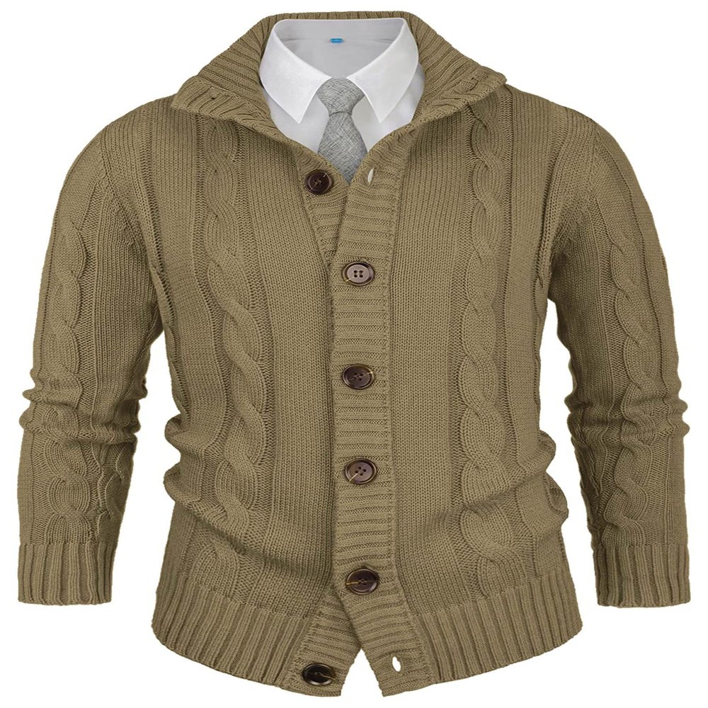 Aimeilgot Mens Fashion Casual Slim Fit Button Down Cable Knitted Stand Collar Cardigan Sweater(Khaki,Small)
