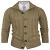 Aimeilgot Mens Fashion Casual Slim Fit Button Down Cable Knitted Stand Collar Cardigan Sweater(Khaki,Small)