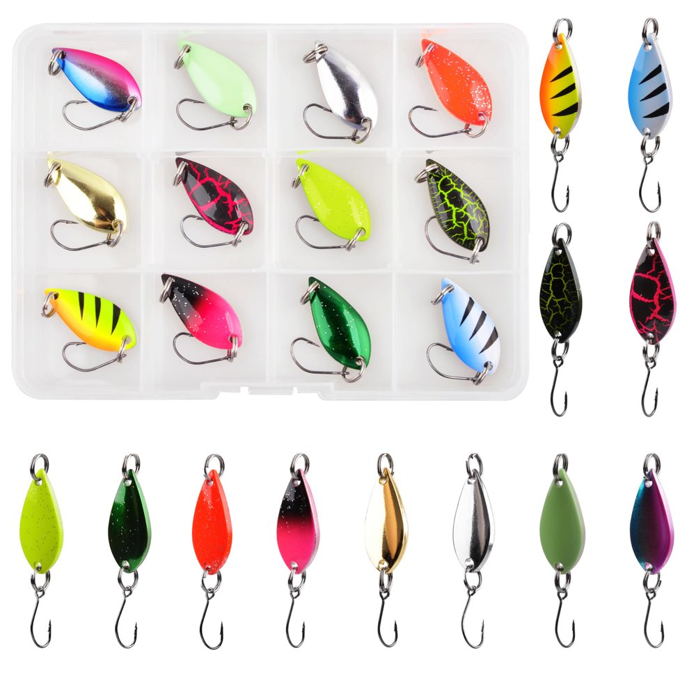 Trout Spoons Fishing Spoons Lures Kit,12pcs Trout Lures Single Hook Hard Metal Baits Mini Fishing Jigs Casting Trolling Spoon Lure for Crappie Char Perch Sunfish Trout