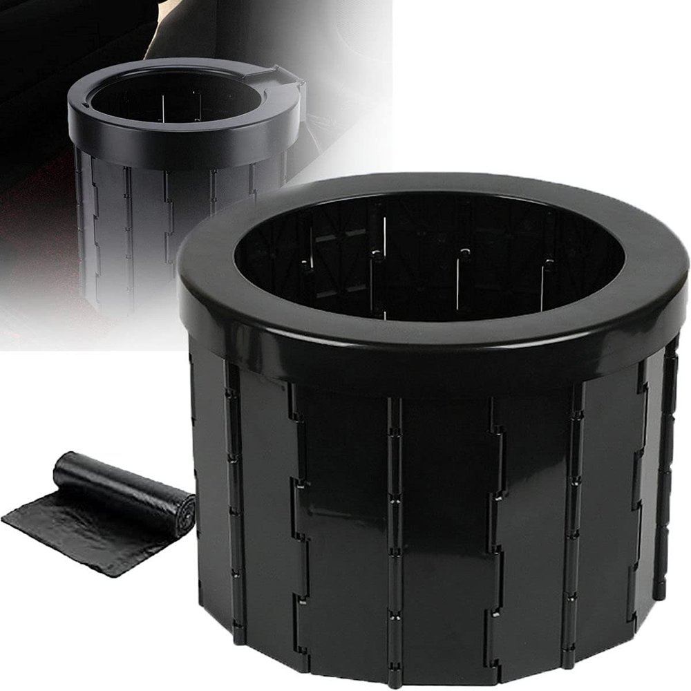 WZFANJIJ Multi-Purpose Portable Folding Stool Seat Rubbish Bin and Toilet with 12 Waste Bag Lightweight Stainless Steel Frame Plastic Seat for Camping Fishing Hiking Off-Road,Black