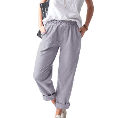 Maryia Linen Pants Women Summer Elastic Waist Capris Comfy Soft Drawstring Cropped Loose Fit Lounge Trousers Gray