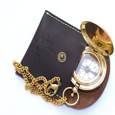 Handmade Brass Push Open Compass On Chain with Leather Case, Pocket Compass for Hiking and Camping
