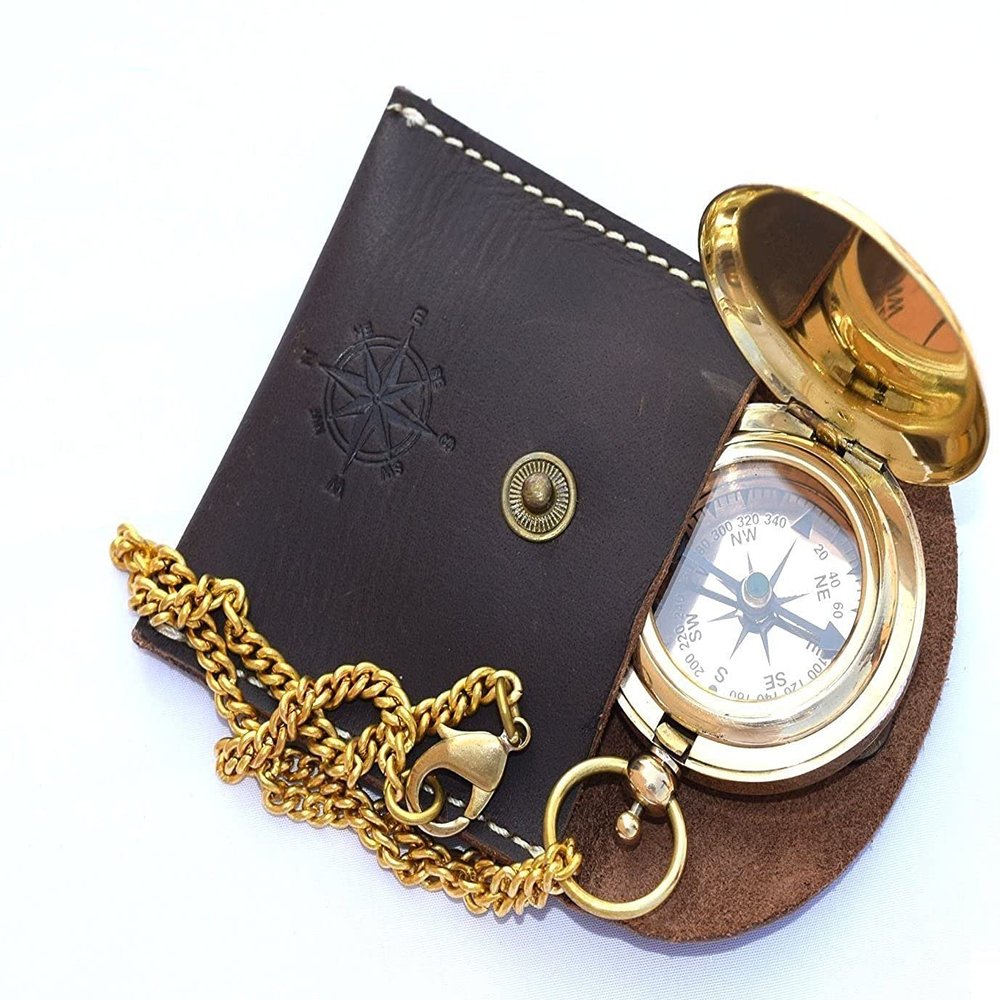 Handmade Brass Push Open Compass On Chain with Leather Case, Pocket Compass for Hiking and Camping