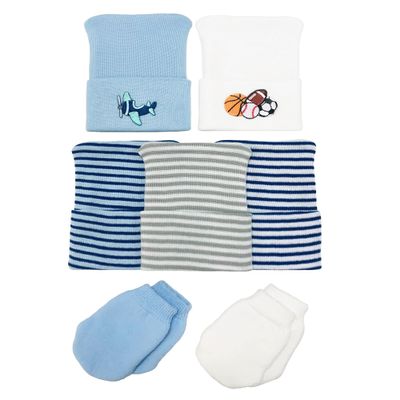 7 Piece Newborn Baby Boy Hospital Hat and Mitten Set, Ribbed Knit Infant Beanie, No-Scratch Cotton Gloves, Airplane Sports Theme, Blue/Grey