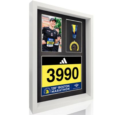 3-in-1 Shadow Box Display with Real Glass (Medal, Race Bibs, and Photo Display)  Marathon Medal Display and Frame, Triathlon & Running Bib Holder, Wall-Mounted, Real Tempered Glass- White