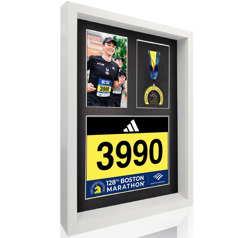 3-in-1 Shadow Box Display with Real Glass (Medal, Race Bibs, and Photo Display)  Marathon Medal Display and Frame, Triathlon & Running Bib Holder, Wall-Mounted, Real Tempered Glass- White