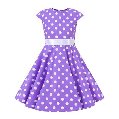 Kids 1950s Style Dresses for Girls 50s Vintage Dresses Retro 40's 50's Polka Dot Dress Audrey Hepburn Rockabilly Prom Swing Dress with Belt 1940s Themed Birthday Party Outfits Purple Polka 5-6 Years