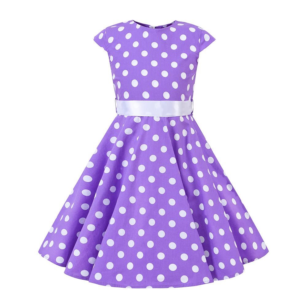 Kids 1950s Style Dresses for Girls 50s Vintage Dresses Retro 40's 50's Polka Dot Dress Audrey Hepburn Rockabilly Prom Swing Dress with Belt 1940s Themed Birthday Party Outfits Purple Polka 5-6 Years