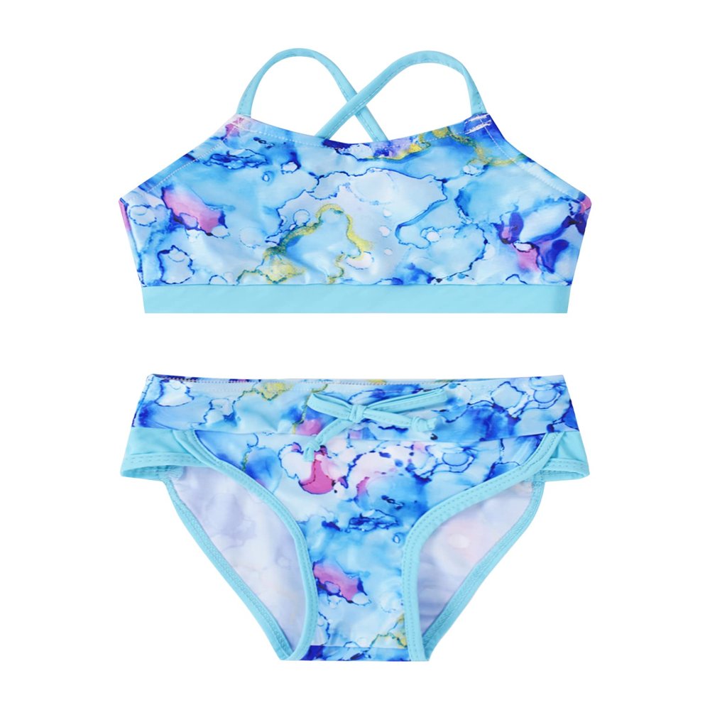 Hansber Kids Girls 2Pcs Swimwear Boho Print Criss Cross Back Crop Tops with Bottoms Bathing Suit Bikini Watercolor Blue 14