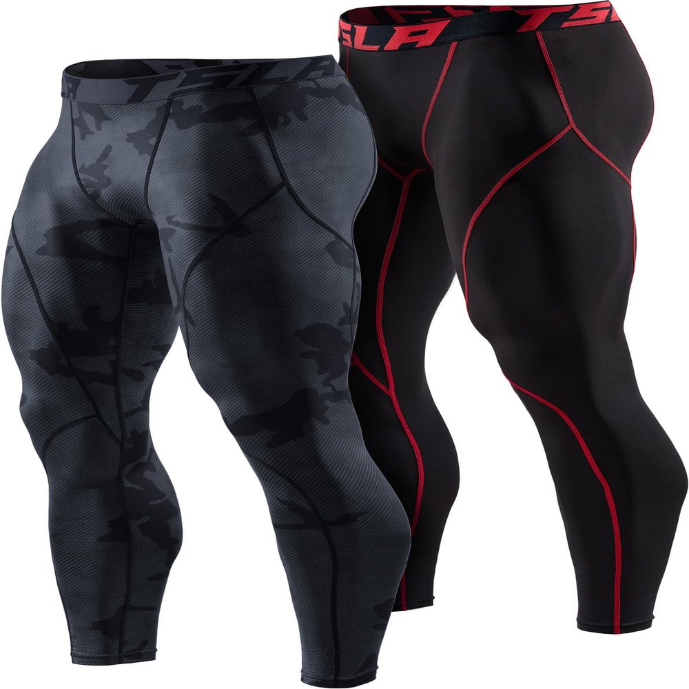 TSLA Men's Thermal Compression Pants, Athletic Sports Leggings & Running Tights, Wintergear Base Layer Bottoms, 2pack Tights Black&red/Woodland Slash Black, Small