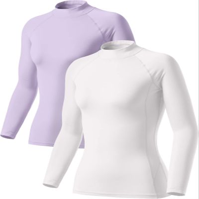 TSLA Women's Thermal Long Sleeve Tops, Mock Turtle & Crew Neck Shirts, Fleece Lined Compression Base Layer, Heat Core Mock Neck 2pack Lavender/White, X-Small