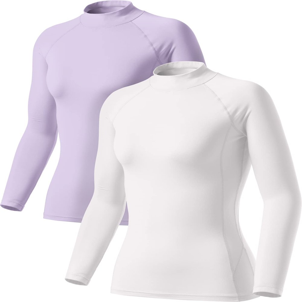 TSLA Women's Thermal Long Sleeve Tops, Mock Turtle & Crew Neck Shirts, Fleece Lined Compression Base Layer, Heat Core Mock Neck 2pack Lavender/White, X-Small