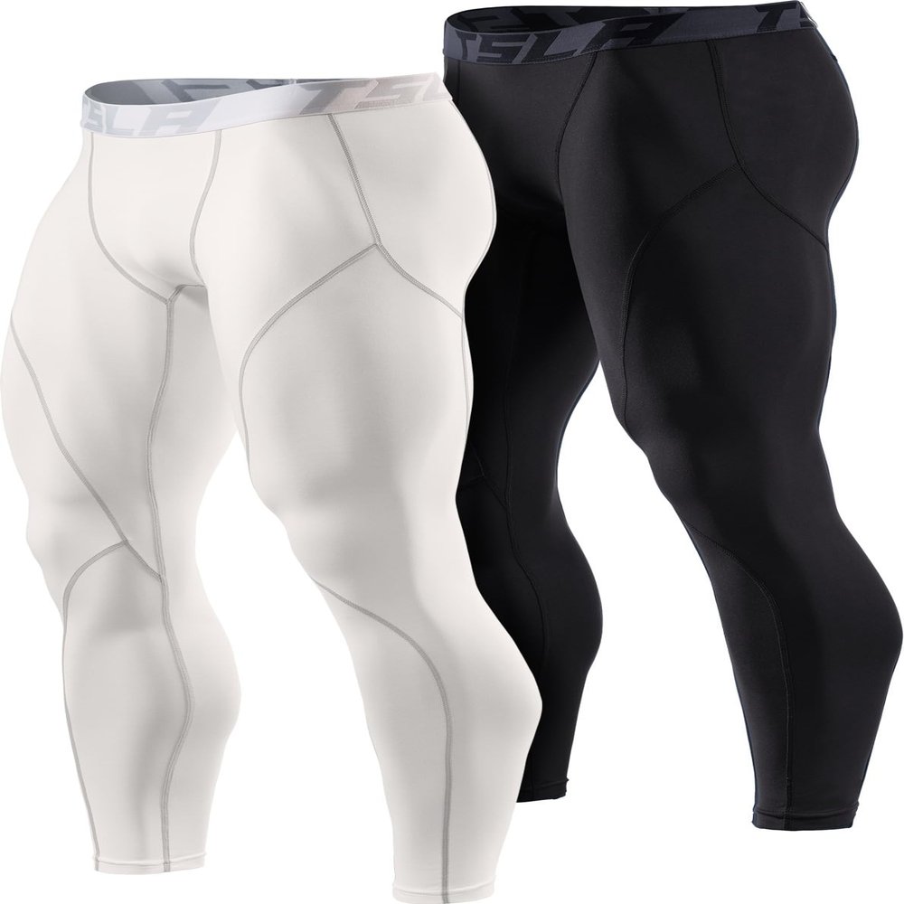 TSLA Men's Thermal Compression Pants, Athletic Sports Leggings & Running Tights, Wintergear Base Layer Bottoms, 2pack Tights Black/White, Medium