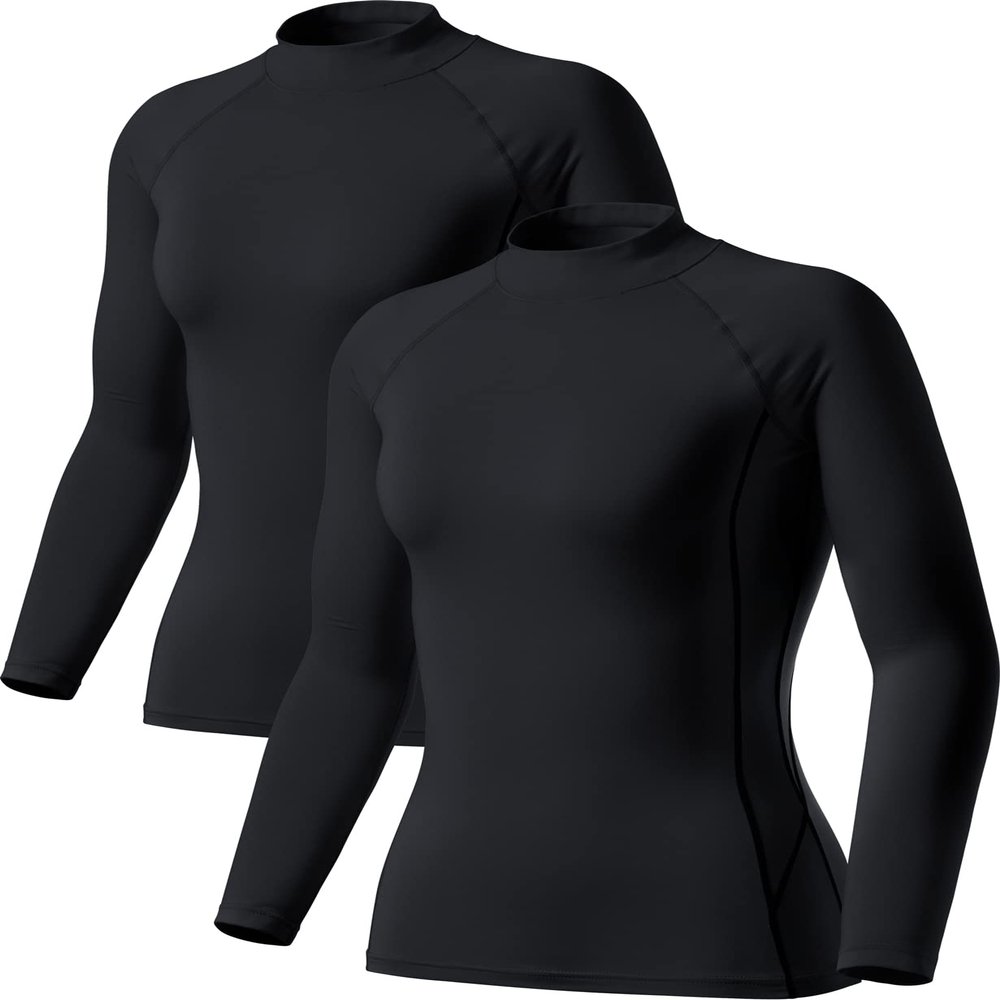 TSLA Women's Thermal Long Sleeve Tops, Mock Turtle & Crew Neck Shirts, Fleece Lined Compression Base Layer, Heat Core Mock Neck 2pack Black/Black, X-Large