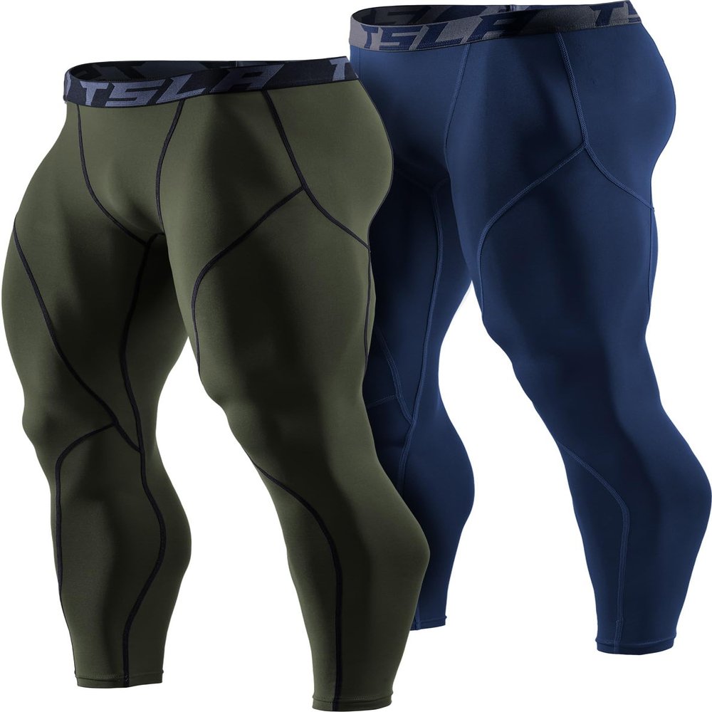 TSLA Men's Thermal Compression Pants, Athletic Sports Leggings & Running Tights, Wintergear Base Layer Bottoms, 2pack Tights Navy/Olive, Small