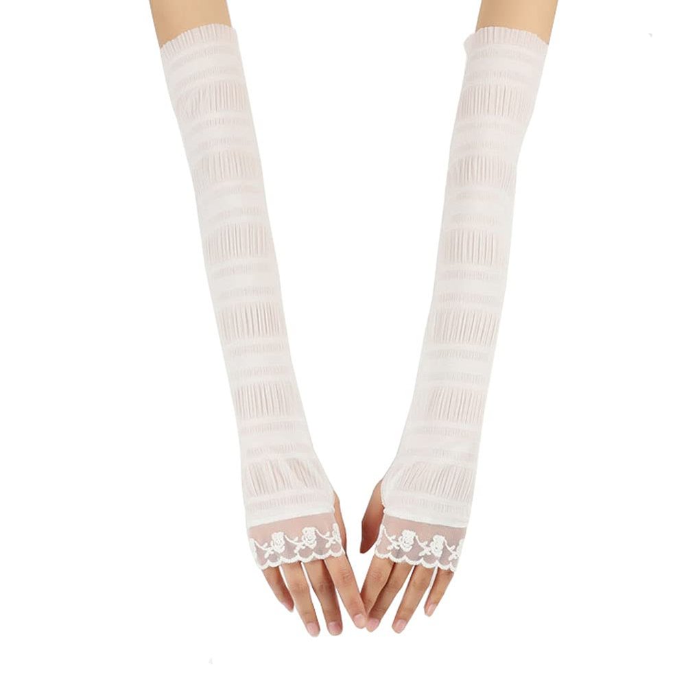 Fodattm 2 Pairs Sunblock Arm Sleeve Lace UV Sun Protection Long Sleeve Fingerless Glove Cooling Arm Sleeves for Woman Outdoor Sports (White)