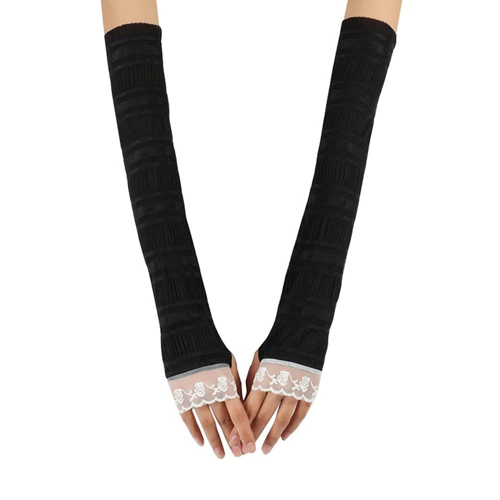 Fodattm 2 Pairs Sunblock Arm Sleeve Lace UV Sun Protection Long Sleeve Fingerless Glove Cooling Arm Sleeves for Woman Outdoor Sports (Black)