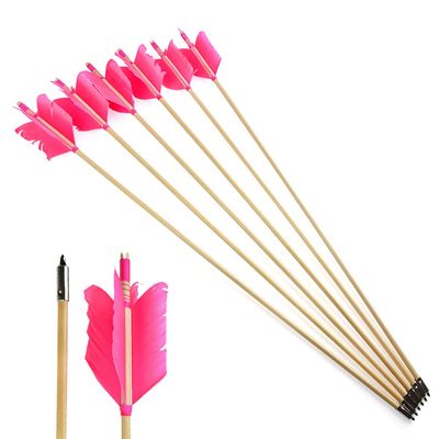 6/12 Pack Traditional Wooden Arrows Target Flu Flu Arrow with 4 Pcs Turkey Feather and Field Points for Target Practice (Pink, 12 Pack)