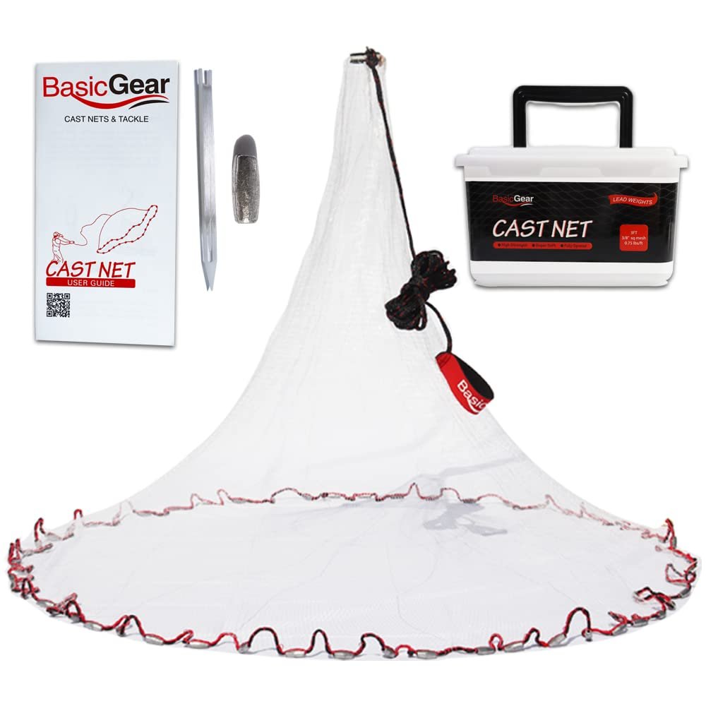 BasicGear Cast Net | Lead, 5ft Radius, 3/8 inch Mesh for Freshwater and Saltwater Bait Fish | Professional Grade and Upgraded Material | Throw Style