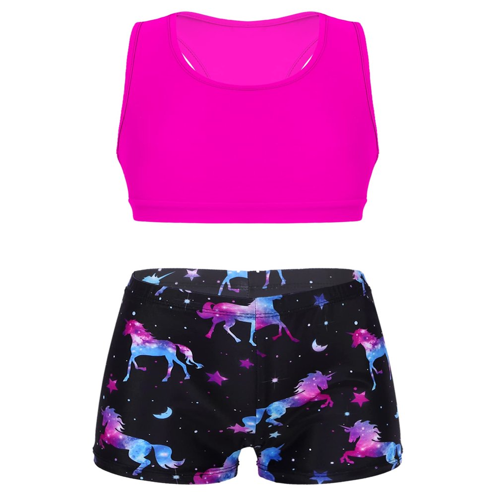 YONGHS Kids Girls Sports Tankini Outfit Crop Top with Booty Shorts Gymnastic Suit Swimsuit Swimwear Dark Night Black 8-10 Years