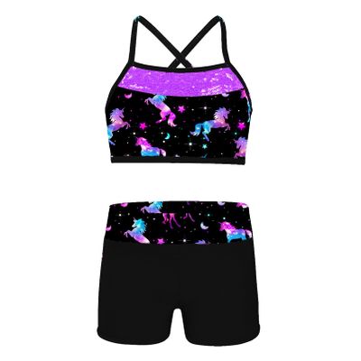 YONGHS Kids Girls 2PCS Athletics Sports Outfit Crisscross Crop Tops with Shorts Active Set Ballet Dance Leotard Dark Night Black 4 Years
