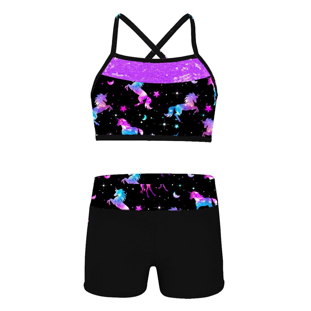 YONGHS Kids Girls 2PCS Athletics Sports Outfit Crisscross Crop Tops with Shorts Active Set Ballet Dance Leotard Dark Night Black 4 Years