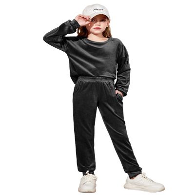Arshiner Girls Casual Tracksuits Kids Soft Velour Crewneck Sweatshirt Fashion Workout Sets Athletic Clothes Black Size 9-10Y