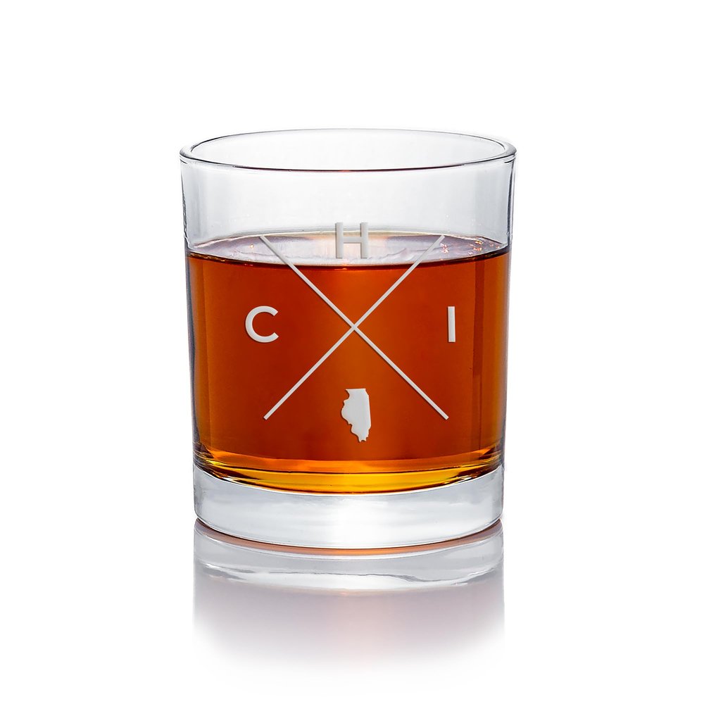 CHI Chicago Illinois Round Rocks Glass - Chicago Gift Set, Gift Illinois, Best Illinois Gift, Personalized Illinois Glass