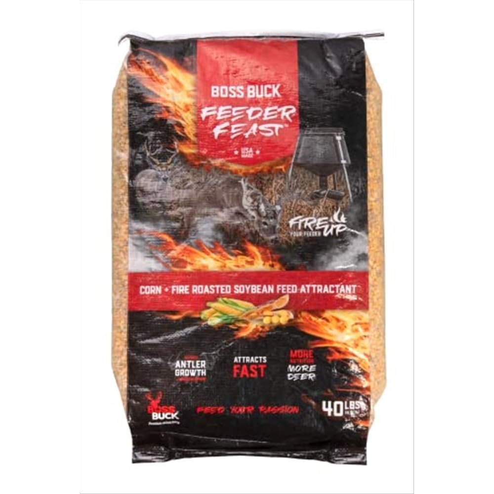 BOSS Buck Feeder Feast 40lb Corn and Fire Roasted Soybean Deer Feed Attractant | High Energy Protein Food Supplement for Deer