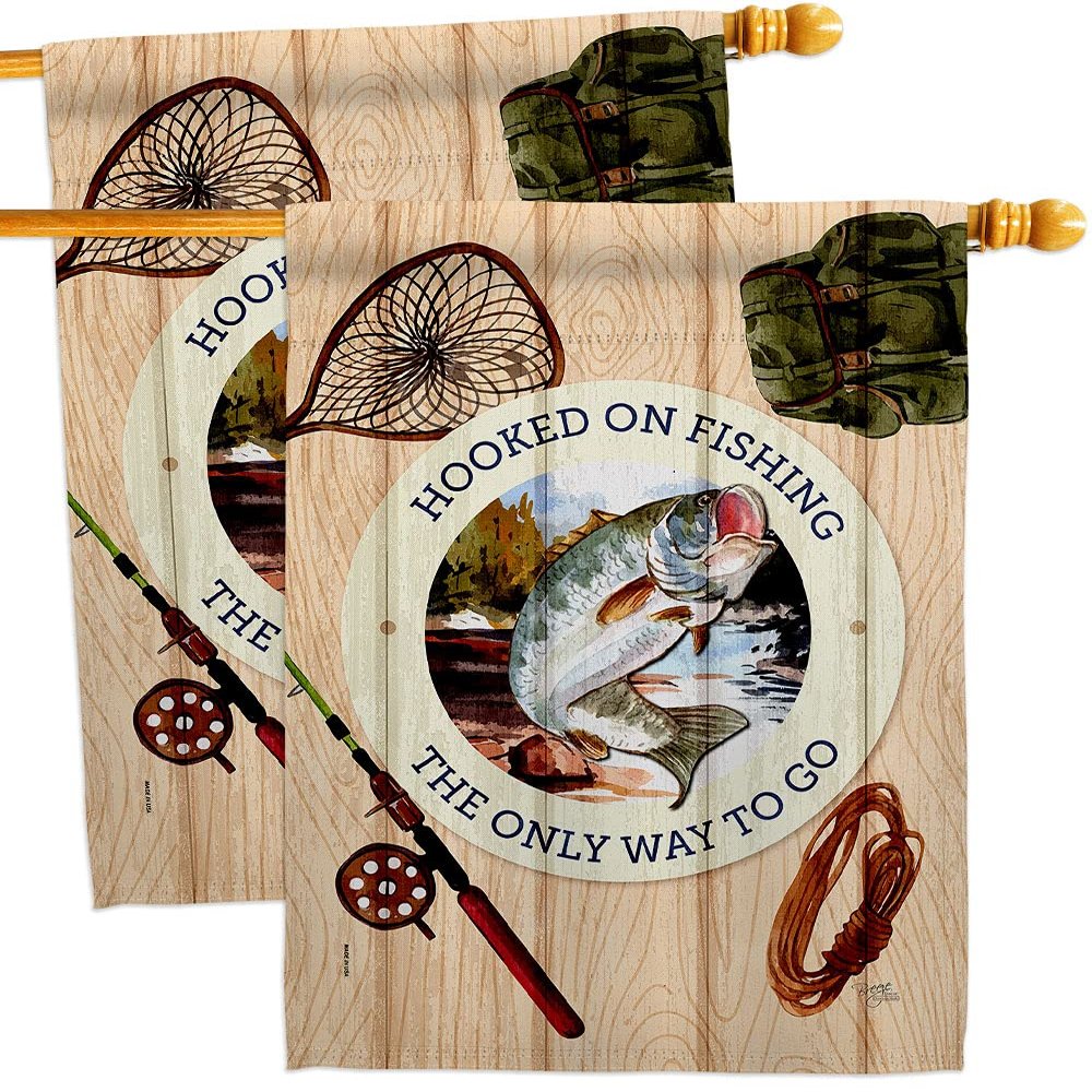 Hooked On Fishing House Flags 2 pcs Pack Sports Outdoor Camping Fish Dock Lure Entertainment Activity Physical Small Decorative Gift Yard Banner Made In USA 28 X 40