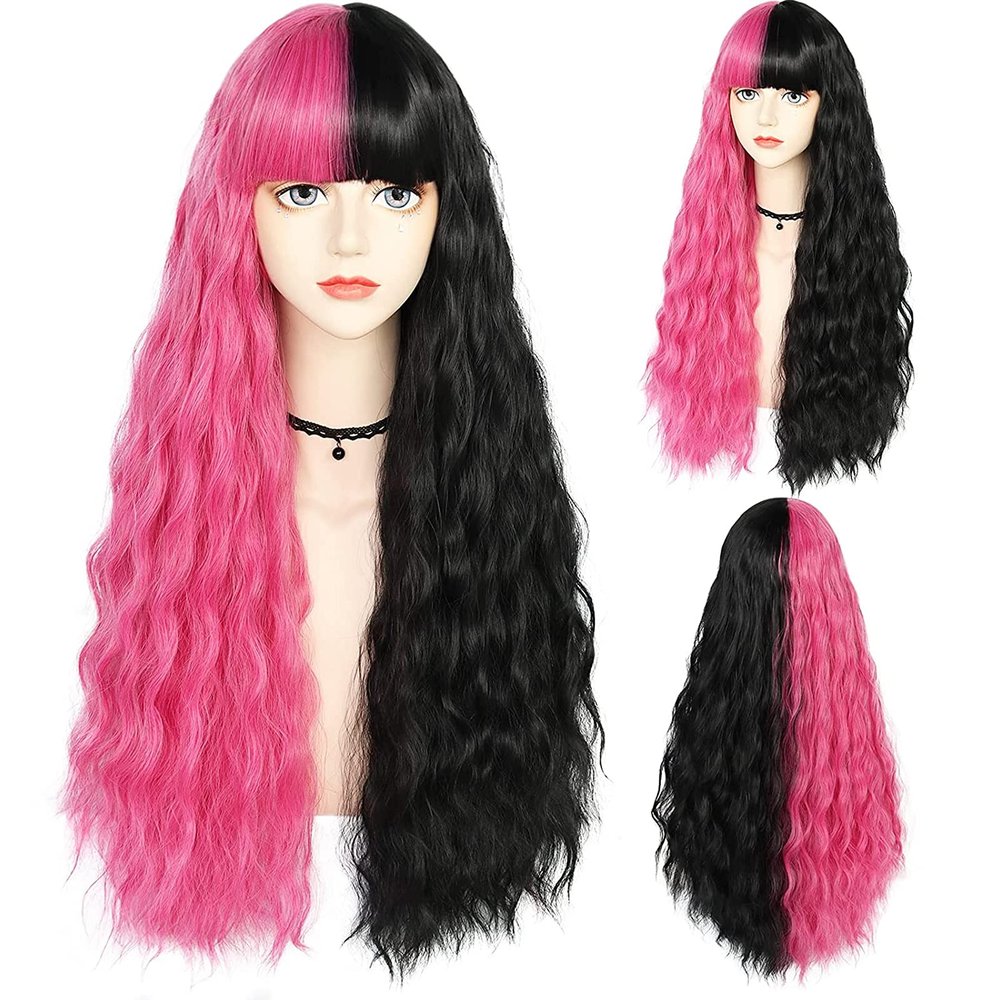 ANOGOL Hair Cap+Half Pink Half Black Wig Long Body Wave Wig with Bangs for Women Synthetic Wig for Halloween Costume Cosplay Party