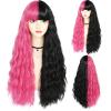 ANOGOL Hair Cap+Half Pink Half Black Wig Long Body Wave Wig with Bangs for Women Synthetic Wig for Halloween Costume Cosplay Party view 1