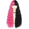 ANOGOL Hair Cap+Half Pink Half Black Wig Long Body Wave Wig with Bangs for Women Synthetic Wig for Halloween Costume Cosplay Party view 2