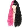 ANOGOL Hair Cap+Half Pink Half Black Wig Long Body Wave Wig with Bangs for Women Synthetic Wig for Halloween Costume Cosplay Party view 3