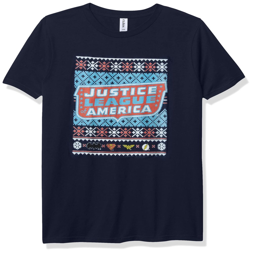 DC Comics Justice League Sweater Boy's Premium Solid Crew Tee, Navy Blue, Youth X-Small