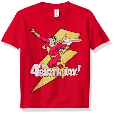 DC Comics Justice League 4th Shazam Birthday Boy's Premium Solid Crew Tee, Red, Youth Medium