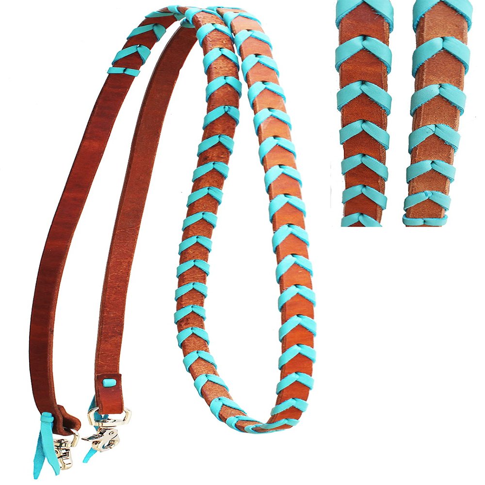 CHALLENGER Horse Western Leather Turquoise Laced Barrel Contest Reins 6686