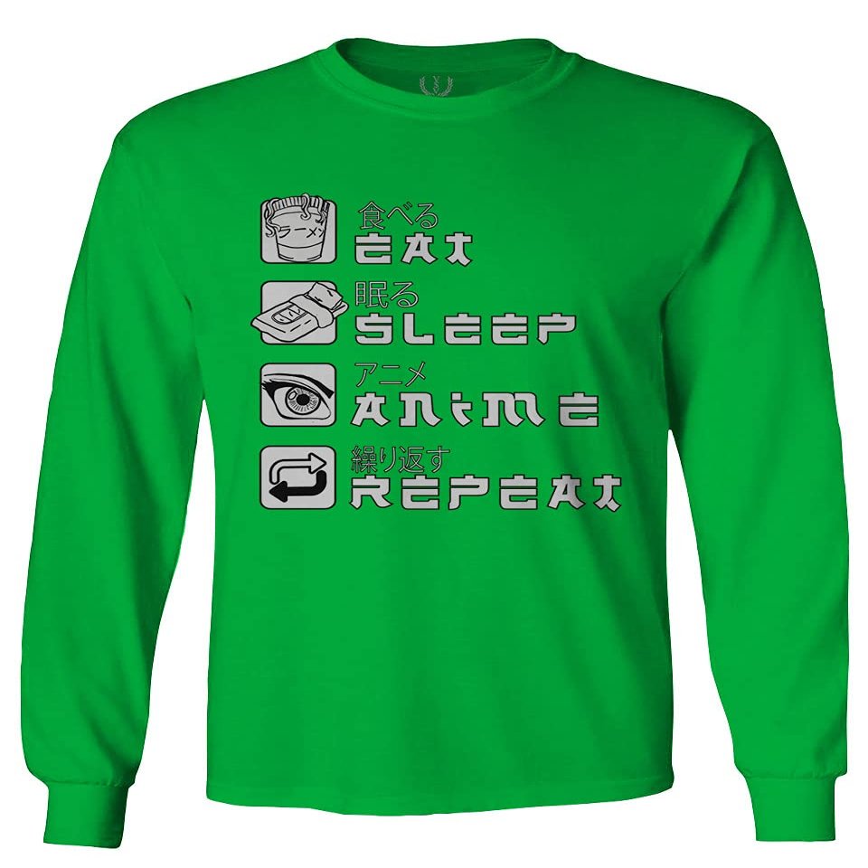 0363. Eat Sleep Anime Repeat Aesthetic Japanese Gift Manga Men's Long Sleeve t Shirt (Irish Green 2X Large)