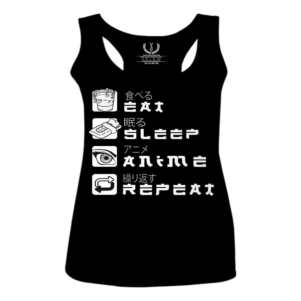 0363. Eat Sleep Anime Repeat Aesthetic Japanese Gift Manga Women's Tank Top Racerback (Black, Small)
