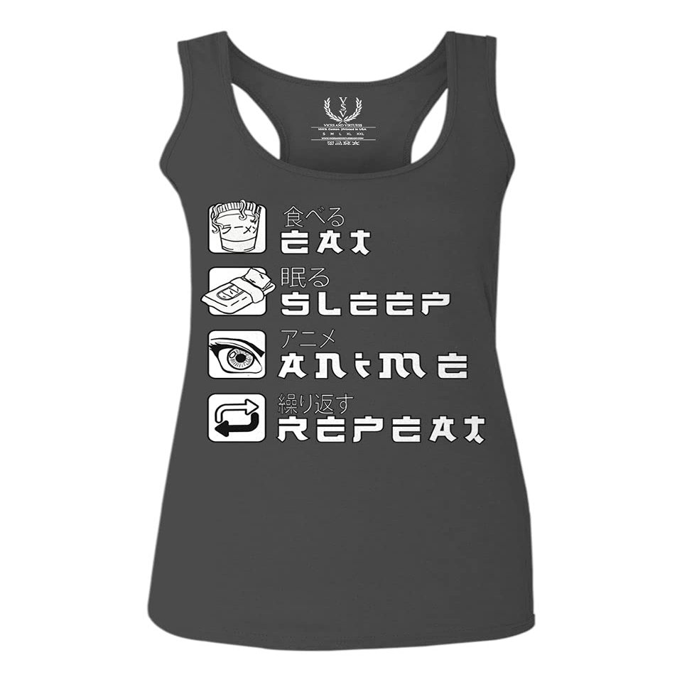 0363. Eat Sleep Anime Repeat Aesthetic Japanese Gift Manga Women's Tank Top Racerback (Characol, Large) Charcoal