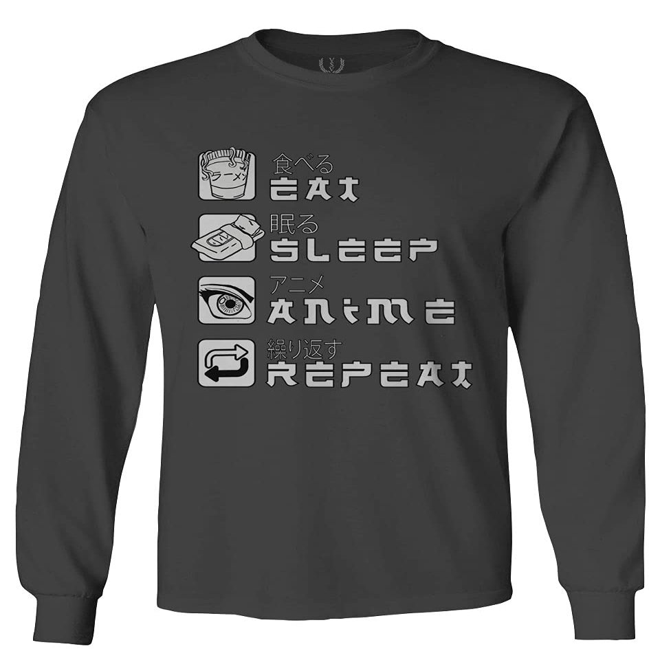 0363. Eat Sleep Anime Repeat Aesthetic Japanese Gift Manga Men's Long Sleeve t Shirt (Characol, Large) Charcoal