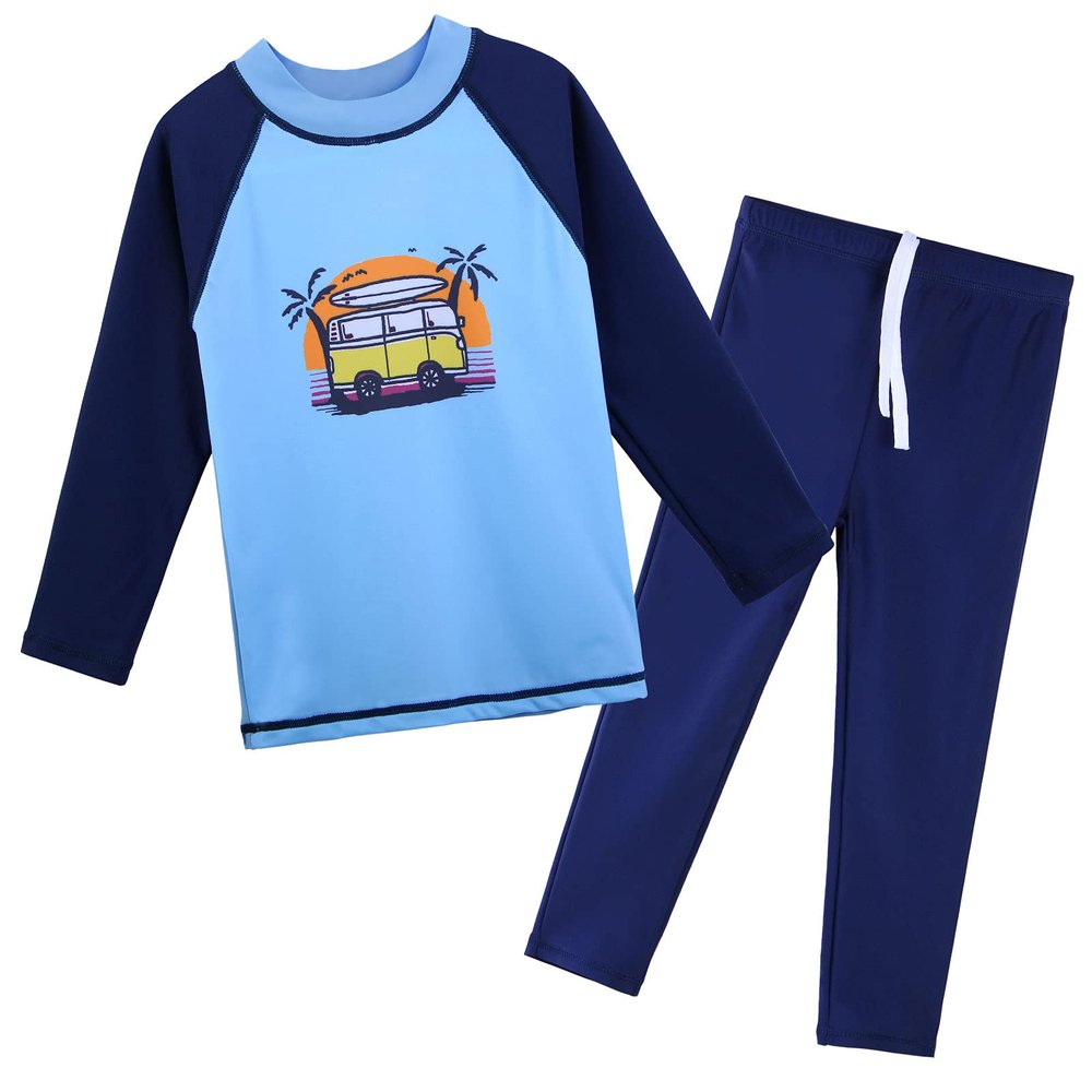 TFJH E Boys Long Sleeve Swimsuits 2PCS Rashguard Set UPF 50+ Surf Bathing Suit 11-12y Blue Car Long 152/158