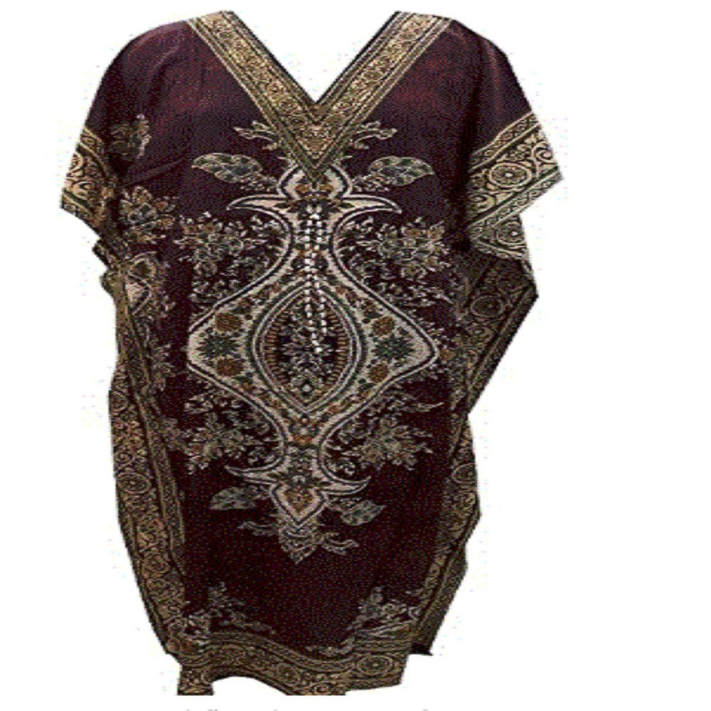 India G Women's Kaftan Dress Beach Cover Up Tribal Ethnic Print Plus Size V-Neck Loose Kimono Maxi Dress Brown, Large