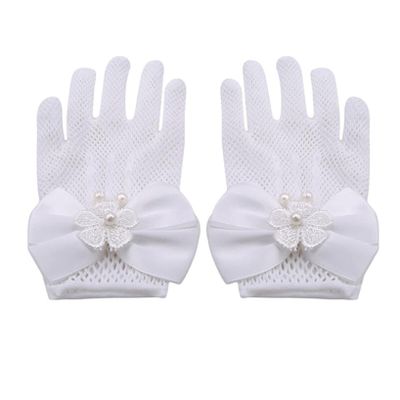 GOMYIE Flower Girl Gloves White Lace Short Princess Gloves With Flower Bow Shape For Wedding
