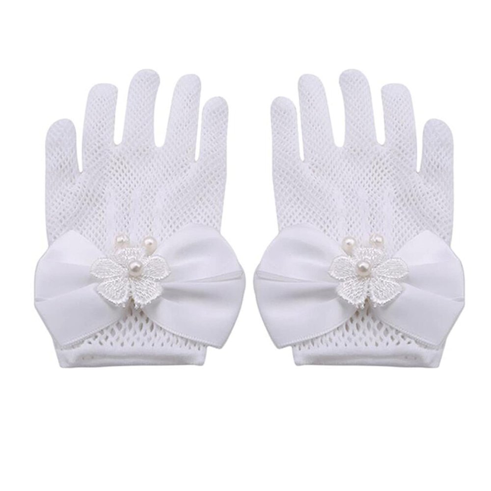 GOMYIE Flower Girl Gloves White Lace Short Princess Gloves With Flower Bow Shape For Wedding
