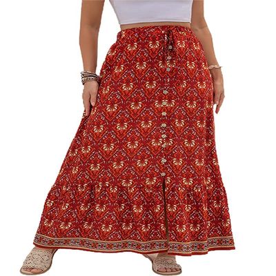 chouyatou Women's Boho Elastic Waist A-Line Floral Print Maxi Skirt Front Split (Large, Red)