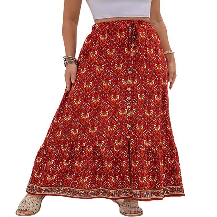 chouyatou Women's Boho Elastic Waist A-Line Floral Print Maxi Skirt Front Split (Large, Red)